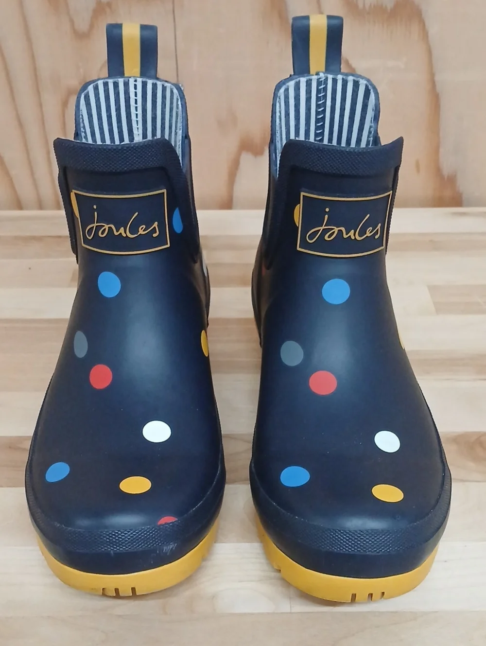 Joules Navy Polka Dot Short Rain Boots with Yellow Soles Size 6
